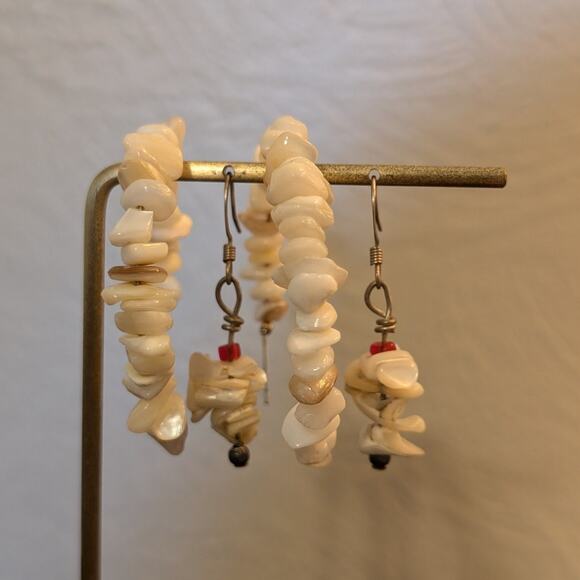Two Pair Lot--Authentic Puka Shell Hoop & Mother of Pearl Shell Dangle Earrings - Picture 1 of 6